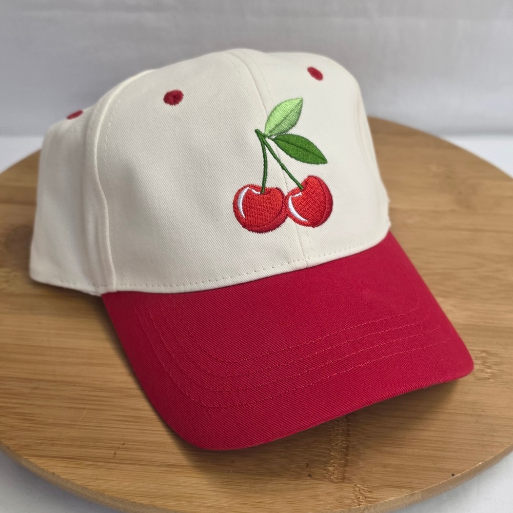 Pugs Premium Girl Cap Red Beige Cherry Embroidered Baseball Hat Adjustable